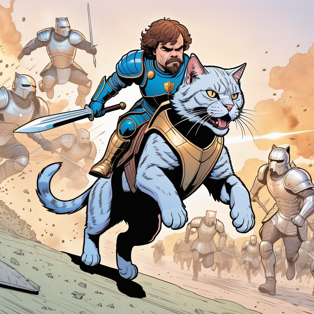 04300-1123622137-comic style, A battle cat wearing armor, running across a battlefield. Peter Dinklage riding on top of the cat, action shot, _lo.png